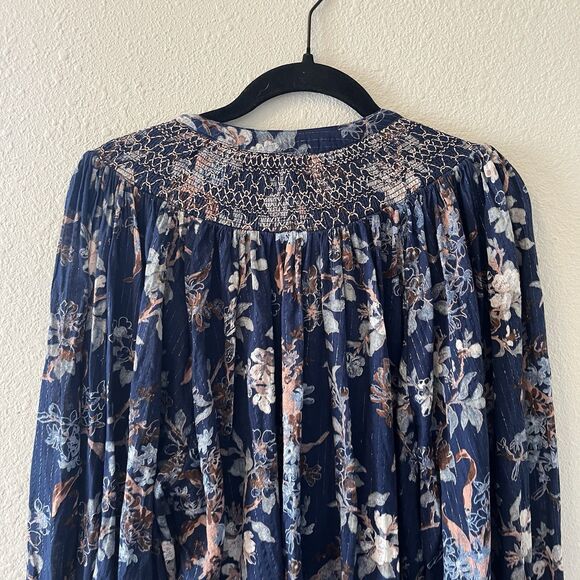 By Anthropologie Women's Blouse Size Large Long Sleeve Blue Floral Smocked Boho - Picture 7 of 12